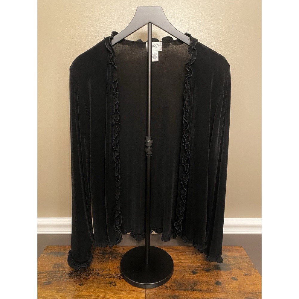 Chico's Travelers Size 1 Slinky Black Ruffled Open Cardigan Top Acetate